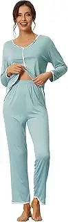 [cheibear] Womens Sleepwear Pajamas Long Sleeve Pullover Tops with Pants Lounge Sets Light Blue XL