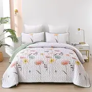 Floral Quilt Set Queen Size,Sage Green Bedspread Coverlet Botanical 3 Pieces Fall Quilts Microfiber Lightweight Bedspreads White Soft Reversible Bed Cover Sets for All Season(Queen, 90"x96")