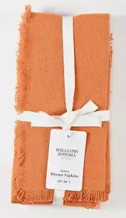 Williams Sonoma Fringe FRINGED Cloth Napkins Set of 4 Pumpkin Orange Linen NEW