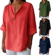 [Generic] Plus Size 3/4 Sleeve Linen Tops for Women UK Summer V Neck Mid Long Sleeve Tops Ladies Casual Loose Vacation Beach Solid Color Blouses Cheesecloth Clothes Women's Linen Top