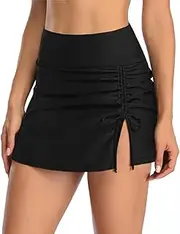 [Okdance] Skirted Swim Shorts Women, High Waisted Women's Swimming Bikini Bottoms Slit Swimwear Skirts, Drawstring Ladies Skirted Swimsuit Brief for Beach Pool Sport