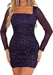 [MOEENCN] Women Mesh Dress Sparkly Sequin Long Sleeve Square Collar Pleated Bodycon Dresses Party Night Club Outfits