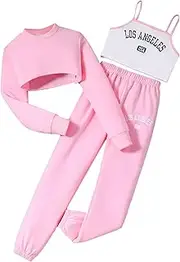 Hilinker Girls Graphic 3 Piece Outfits Long Sleeve Crop Top and Cami with Sweatpants Set