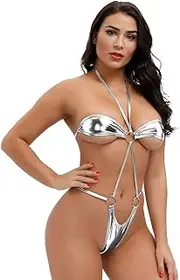 [POGINO] Mini Monokini Swimwear One-Piece Micro Bikini Set for Women PU Leather G String Swimsuit Halter Extreme Teddy