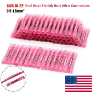100Pcs 22-16AWG Red Heat Shrink Wire Butt Connectors Waterproof Splice Terminals