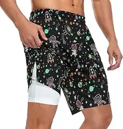 [ZZXXB] Astronaut Dog Galaxy Planet Athletic Shorts for Men with Pockets 2 in 1 Quick Dry Running Shorts S-3XL