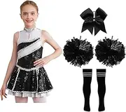 [Loodgao] Kids Girls Halloween Costume Cheer Leader Dress Sequin Cheerleading Team Uniform with Pom Poms Sets