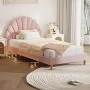 Oikiture Bed Frame Single with Scallop-Shape BedHead Pink Velvet Single Bed