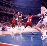 Philadelphia 76ers Julius Erving in action drives to the basket vs- Old Photo