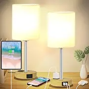 Upgrade AC Outlet Bedside Table Lamp, Meafular Touch Control Lamp with USB A+C Port Wood 3 Way Dimmable Nightstand Lamp with Flaxen Fabric Shade for Bedroom Living Room Home Office(2 Pack)