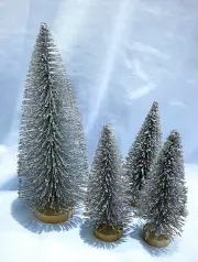 Set of 4 Glittery Silver Bottle Brush Christmas Trees Wood Bases 9 1/2" & 6"