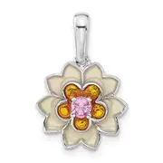 Sterling Silver Polished Enamel u0026 Created Pink Sapphire Flower Pendant