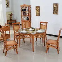 在飛比找樂天市場購物網優惠-餐桌 亞格印尼藤餐桌椅圓形藤餐桌組合 實木餐桌椅
