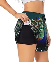 [WURTON] Beautiful Peacock Print Exercise Gym Workout Shorts Women's Athletic Shorts Dual-Layered Yoga Running Shorts