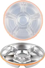 Divided Food Tray with Lid Stainless Steel 6 Compartment 10 Inch 60 Ounce Vegetable Tray Ideal for Beach Essentials Snack Box Container Fruit Storage