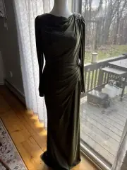 Mac Duggal Olive Floor Length Formal Dress Beaded Shoulder Size 2