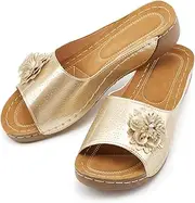 [Rungion] Womens Summer Beach Sandals Wedge Low Open Toe Slides Ladies Dressy Sandals Slipper Platform Comfortable Flower Sandals, Gold, 11