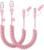 Opluz Coiled USB C to C and Lightning Cable 4 in 1 Multi USB Coiled iPhone Cable for Car 3FT Car Charger Cord 60W Fast Charging Cord for iPhone 15 14 13 12 11 Galaxy Support Carplay Android Auto