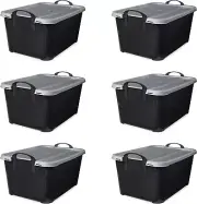 6-Pack Stackable Plastic Storage Bins W/Handles & Snapping Lids, 55 Qt., Black
