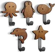 Cute Animal Shaped Wooden Coat Hooks, Walnut, Wall Hooks, 5PC Hat Rack for Wall Decorative Wood Coat Pegs Cute Decorative Hooks, Robe Hook Entryway Wall Hangers Kids Wall Hanger Hooks