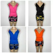 NWT 2 Pieces Women Set Size M and L Stretchy Short with pockets and Wrap Top
