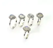 WHOLESALE 5PC 925 SOLID STERLING SILVER WHITE RAINBOW MOONSTONE RING LOT I196