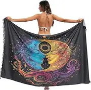 [RPLIFE] Colorful Moon and Sun Wrap Sarong, Tassel Trim Sarong for Summer Beach/Pool, Large, Colorful Moon and Sun 1, Large