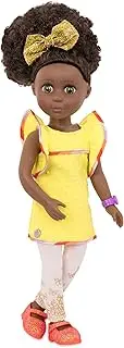 Glitter Girls – 14-inch Poseable Fashion Doll – Brown Hair & Hazel Eyes – Medium-Dark Skin Tone – Gold Ruffle Dress & Pink Glitter Shoes – 3 Years + – Nelly