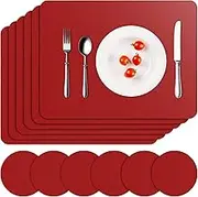 Vinyl Placemats Set of 6, Red Waterproof Faux Leather Heat Resistant Kitchen Place Mats, Wipeable Dining Table Place Mats and Coasters for Kitchen, Dining, Decor, Outdoor (Red)
