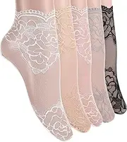 [Teaaha] 5 Pairs Lace Socks Women Sexy Mesh Sheer Ankle Socks Cute Fishnet Ruffle Frilly Casual Socks Slouch Lacey Loose Socks for Women Girls, White/Gray/Pink/Black/Skin Color