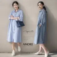 在飛比找momo購物網優惠-【Amore】韓系經典條紋棉麻口袋長版襯衫(長版單穿或當外套