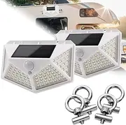 JUTTAUTO 2pcs Caravan Awning LED Lights Solar 100LED Motorhome Porch Exterior Lamp Motion Sensor Wall Light with 4pcs Slide on Awning Rail Stoppers for Van RV Camper Campervan Outdoor Lighting