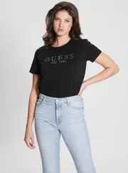 GUESS Women's Eco Black 1981 Crystal Logo T-Shirt Size: Large, Cotton