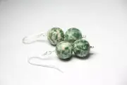 Moss Agate Green & White 12mm Ball Gemstone Earrings .925 Sterling Silver 1 3/4"