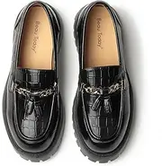 [Beau Today] Chunky Loafers for Women,Womens Platform Loafer Shoes,Chunky Heel Lug Sole Slip-on Metal Chain Shoes,Comfort Round Toe Business Work Office Shoes, Black-b, 9.5