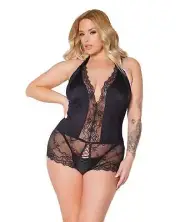 Coquette Queen Stretch Eyelash Lace Halter Crotchless Teddy Lace Up Black