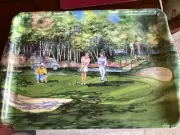 GOLFERS- SERVING TRAY signed/ watercolors MD ITALY KELLER CHARLES 18"x12.5"