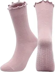 [PLZSITDOWN] Pilates Socks with Grips for Women Non Slip Cute Ruffle Yoga Socks, Pink, One Size