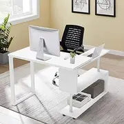 ADVWIN 360 Degree Rotating Corner Desks Computer Workstation Combo Shelf Storage Space Saving Study Desk Modular Furniture for Small Home Office Kids Room Hallway, Wooden White