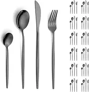 Black Cutlery Set 48 Pieces Service for 12, Berglander Titanium Black Plated Stainless Steel Flatware Set, Modern Design Knives Forks Spoons Silverware Set