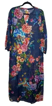 Johnny Was M Long Kaftan Dress Ocean Dreamer Puff Sleeve Maxi Coverup $298