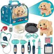 STAY GENT Interactive Veterinarian Doctor's Case Children with Plush Dog, Cage & Stethoscope, Toy Dog with Lead Runs & Barks, Veterinarian Role Play Gifts for Children 3-8 Years, Pack of 17