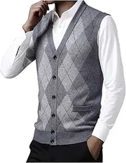 [Generic] Mens Cardigan Sweaters Buttons Vests Vintage Vests Contrast Color Argyle Sweater Vest Colorblock V Neck Sweater