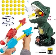 Peeokuo Dinosaur Shooting Toy for Boys Girls, Movable Target Shooting Games with 2 Air Pump Launcher, 24 Foam Balls, LED Score Record, Spray Effect & Sound, Gift Christmas Toy for Boys 3-5 4-6 6-8