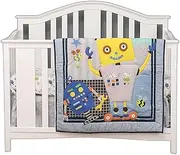 Sweet baba Cotton Robot Crib Bedding Set for Baby Girls, Blue Crib Set, 4 PCS Nursery Bedding Set with Crib Quilt/Sheet/Dust Ruffle/Blanket
