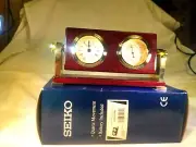 Seiko QHG608BLH Vintage Desk Clock Thermometer Cherry Wood Brass White Dial