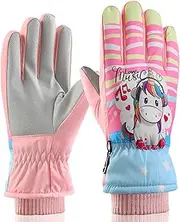 [PLNVNVP] Children's Ski Gloves, Children's Winter Ski Gloves, Waterproof Snowboard Gloves, Non-Slip Plush Lined, Warm Unicorn Gloves for Girls 8-14 Years Old