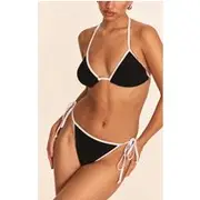 Black Crinkle Contrast Binding Tie Side Bikini Bottoms, Black