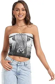 [RPLIFE] Highland Cow White Black Tube Top Womens Strapless Top, Sheer Tube Tops, Sexy Tube Tops (S)