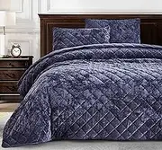 Chezmoi Collection Lux Purple Velvet Quilt Oversized King Set, 3-Piece Plush Distressed Velvet Bedding All Season Lightweight Comforter Brushed Microfiber Reverse with Diamond Stitch Quilting